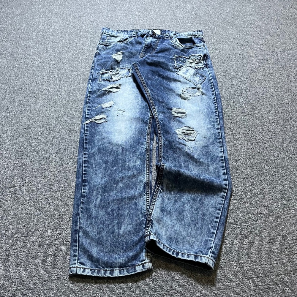 Smoke Rise Jeans 36/31 Blue Distressed Acid Wash Star Back Pocket Streetwear